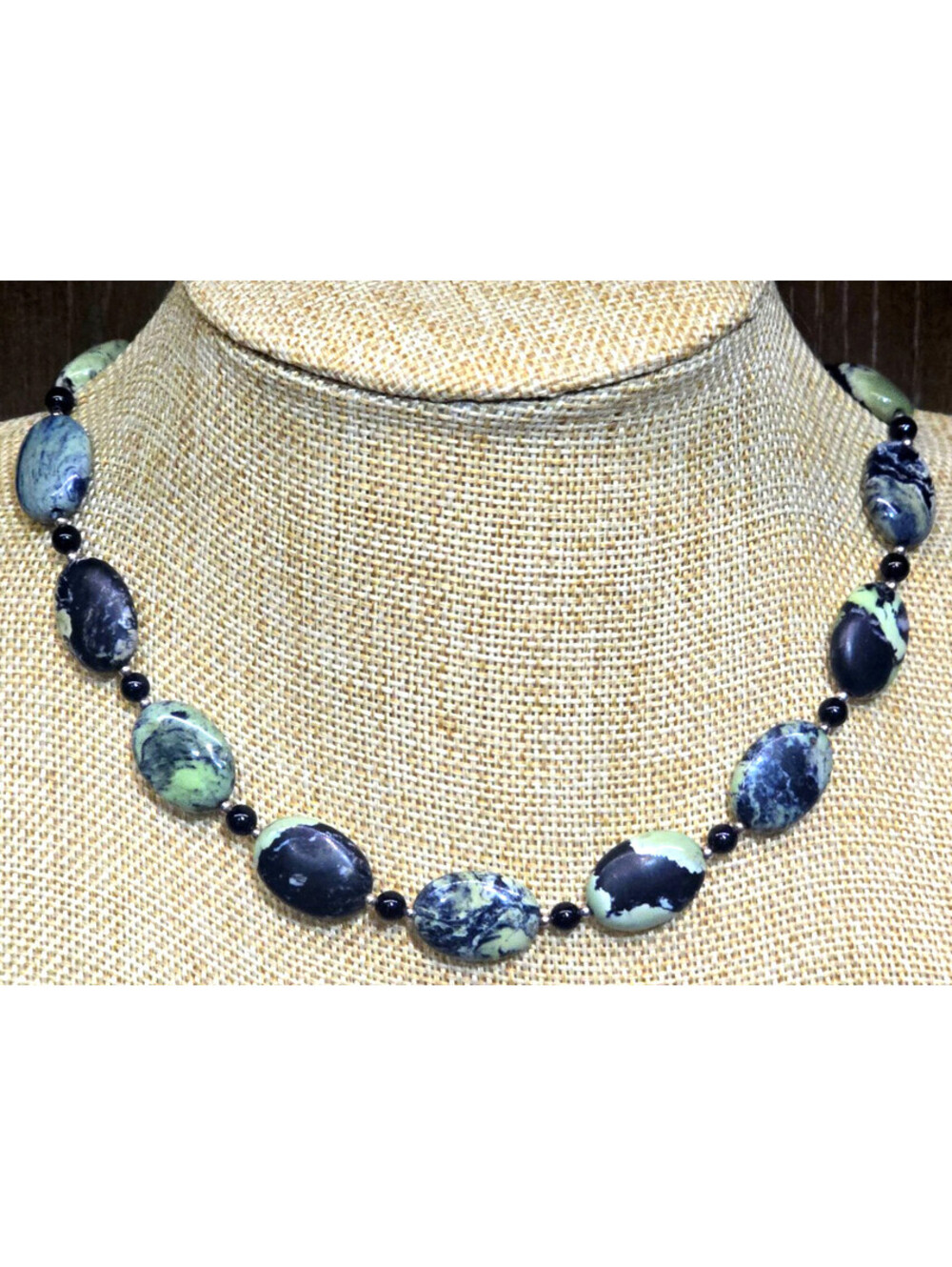 Tortoise Variscite Bead Necklace Sterling Silver Black Agate Accent